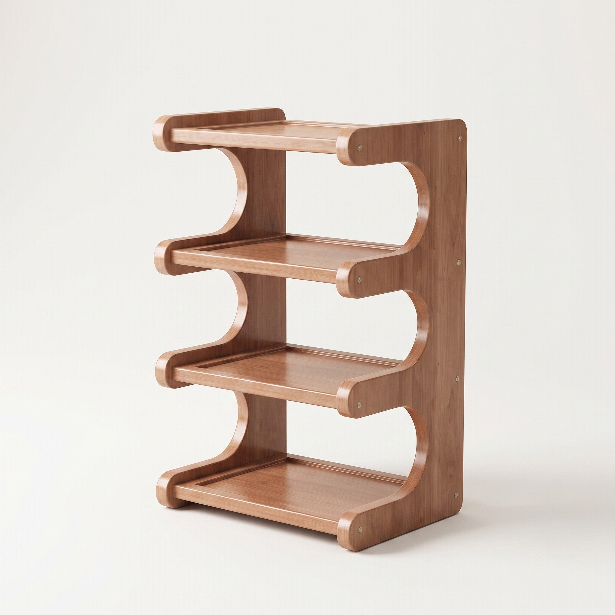 Curved corner shoe rack, 4-tier, wood-grain finish, white studio background