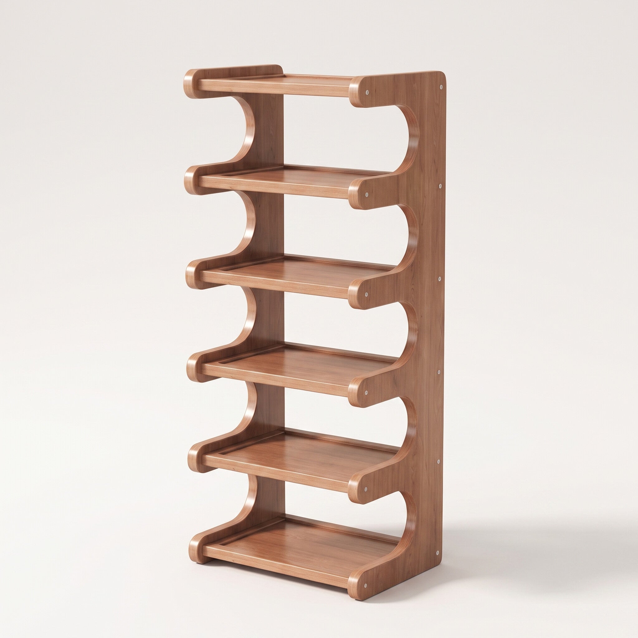 Curved corner shoe rack, 6-tier, wood-grain finish, white studio background