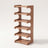 Curved corner shoe rack, 6-tier, wood-grain finish, white studio background