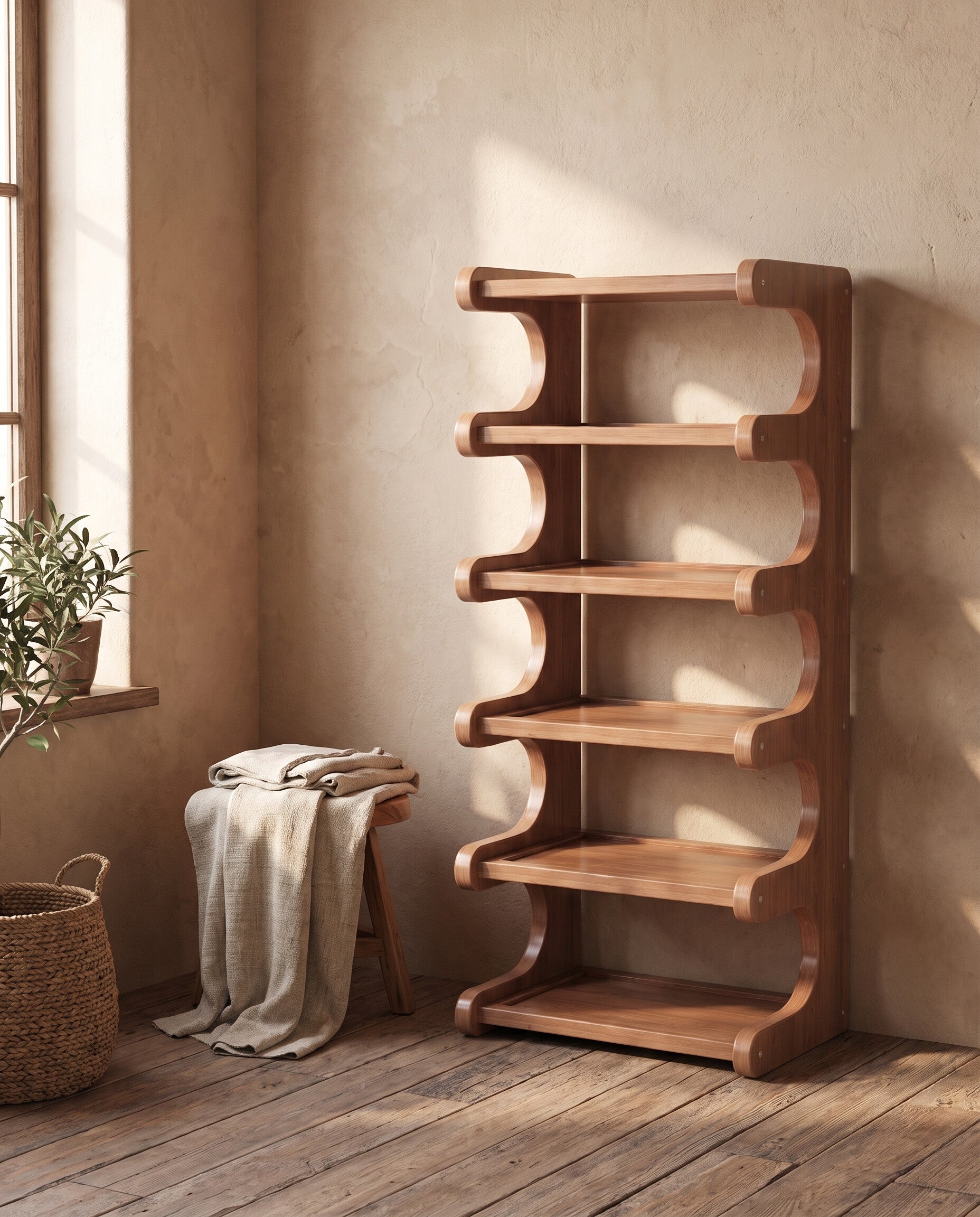 Corner shoe rack styled in a warm entryway scene with plaster wall and oatmeal linen throw