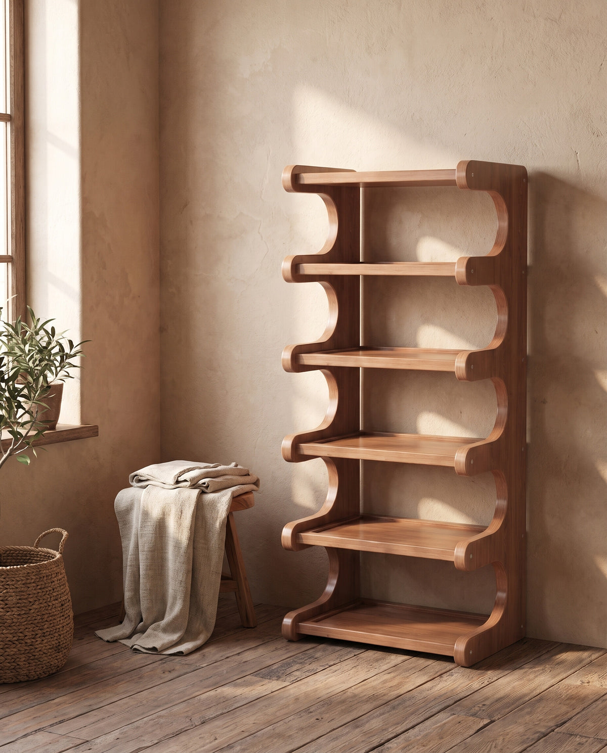 Corner shoe rack styled in a warm entryway scene with plaster wall and oatmeal linen throw