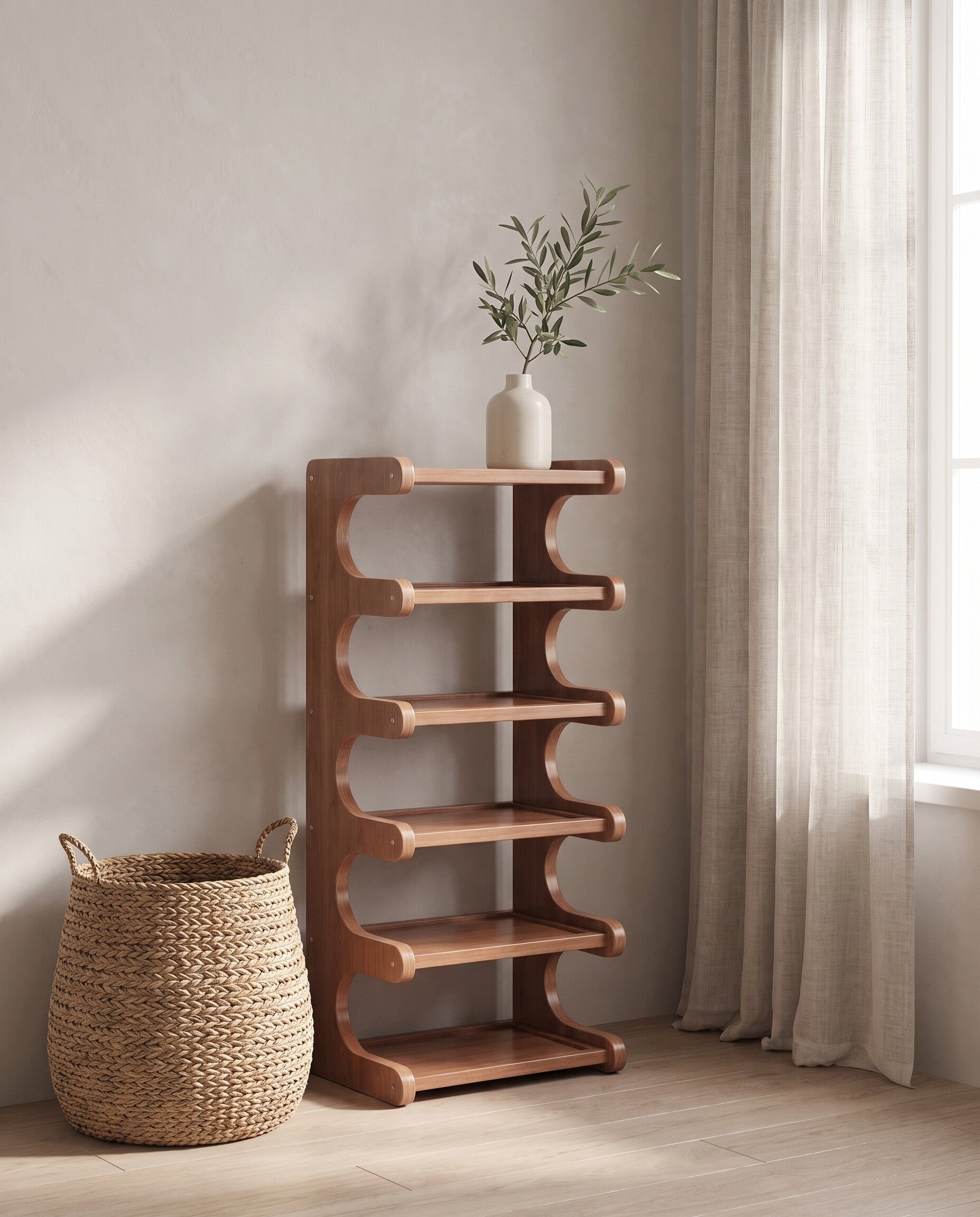Corner shoe rack in a minimalist mudroom scene with a woven basket and olive branch