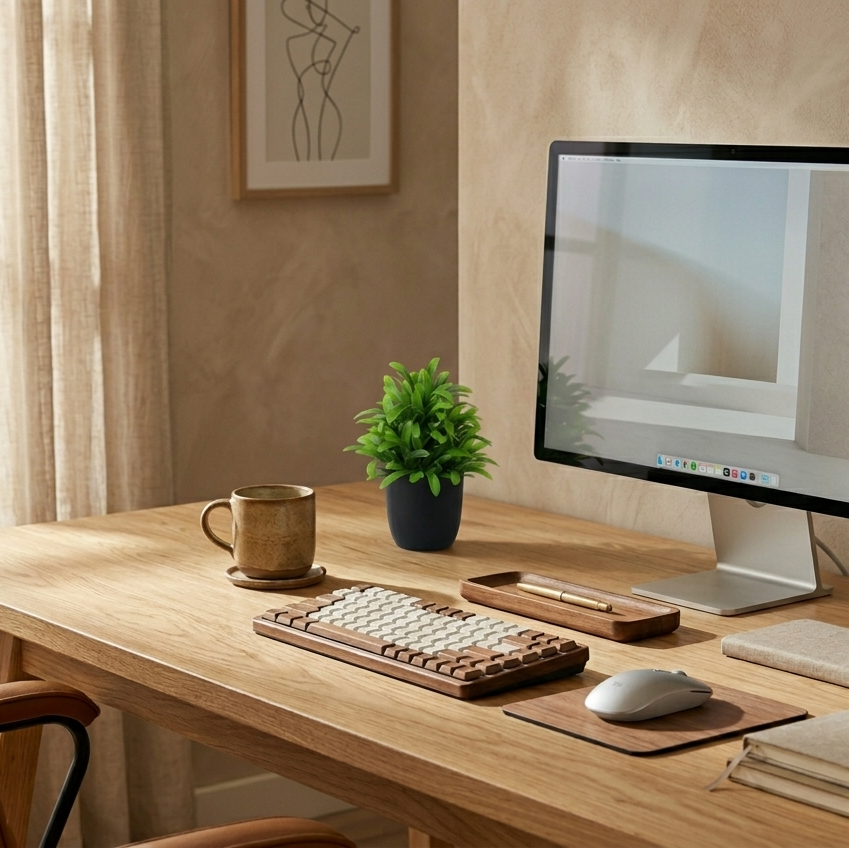 Home office desk setup with computer monitor, keyboard, mouse, and decor.