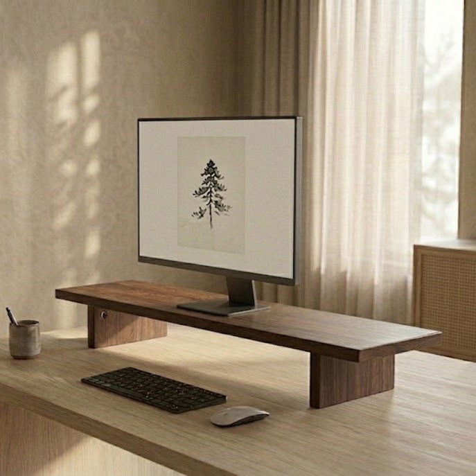 Modern desk setup with a computer monitor, keyboard, and mouse in a room with natural light.