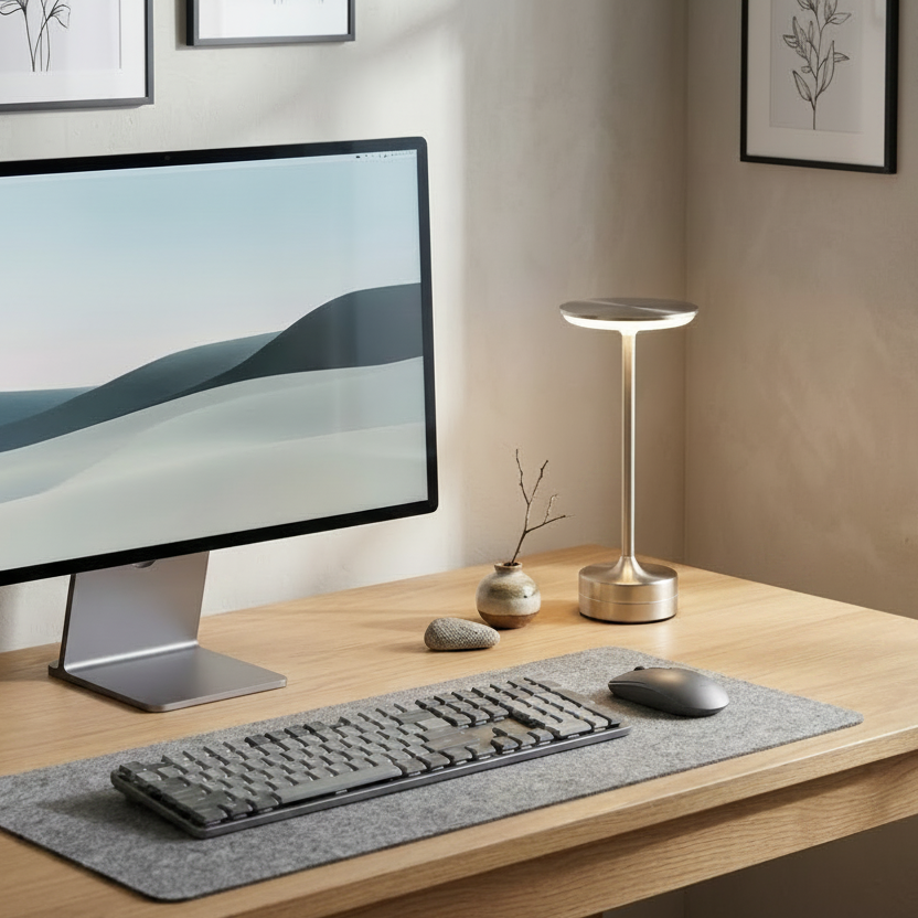 Modern desk setup with computer monitor, keyboard, mouse, and decorative items.