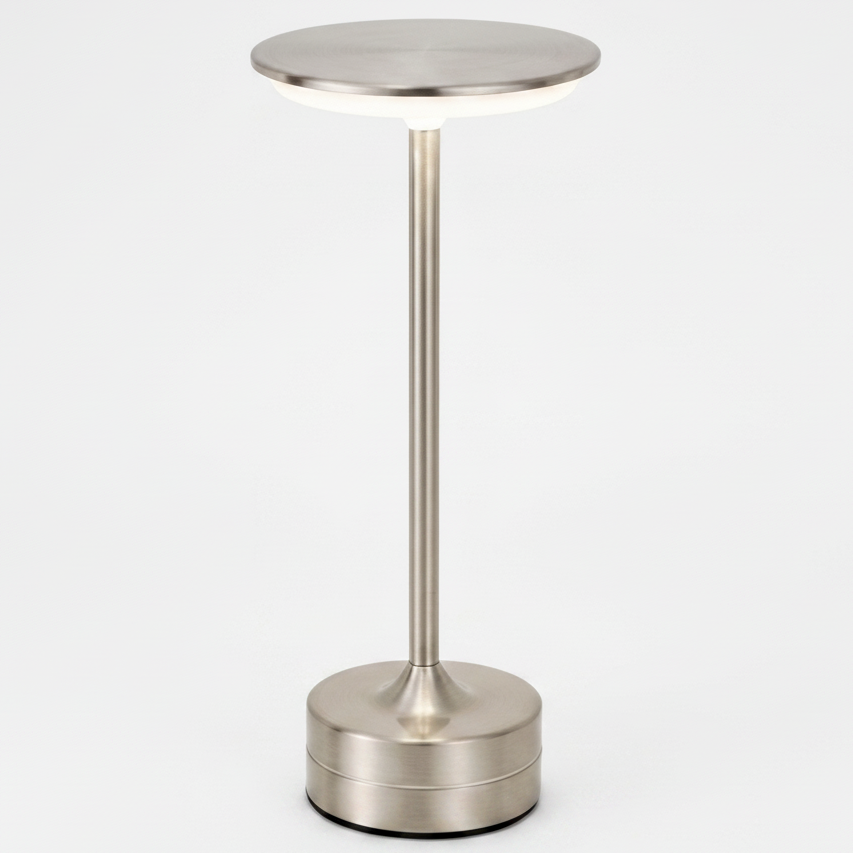 Silver side table with round top and cylindrical base on a white background