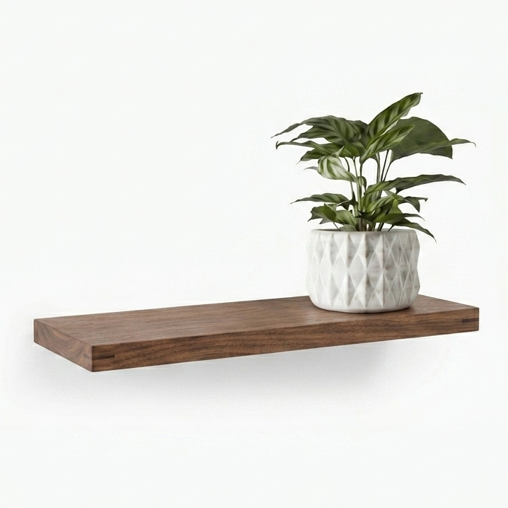 Floating wood wall shelf with a plant, white background
