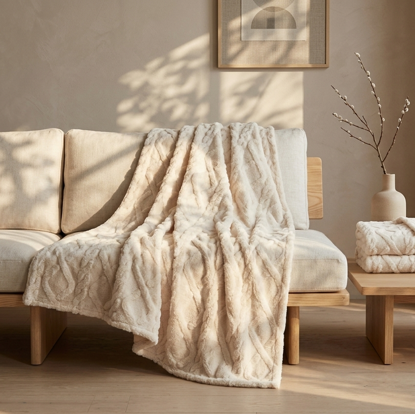 Beige sofa with a textured blanket in a cozy living room setting.