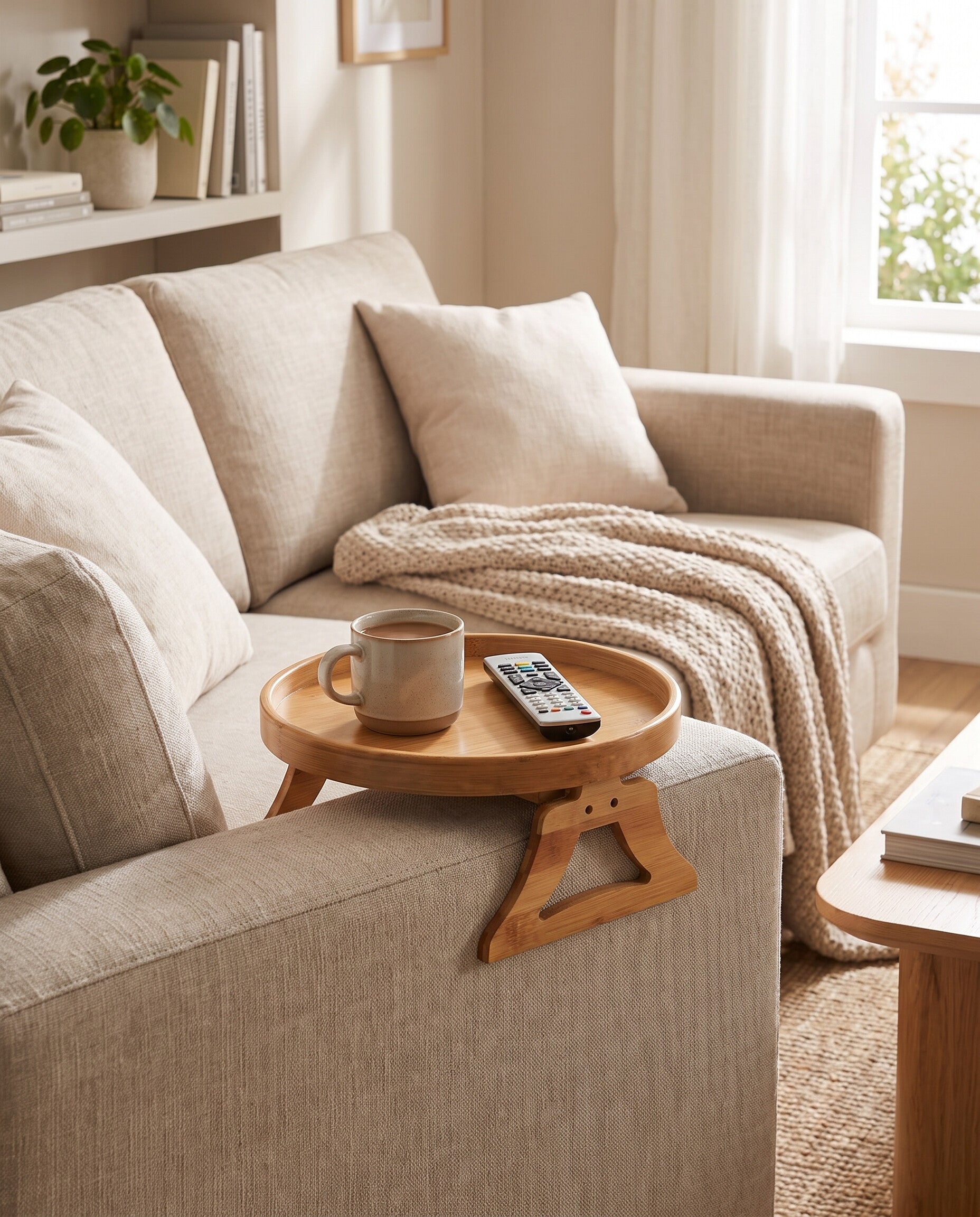 Sofa arm tray clipped onto a linen sofa arm in a warm living room with a mug and remote