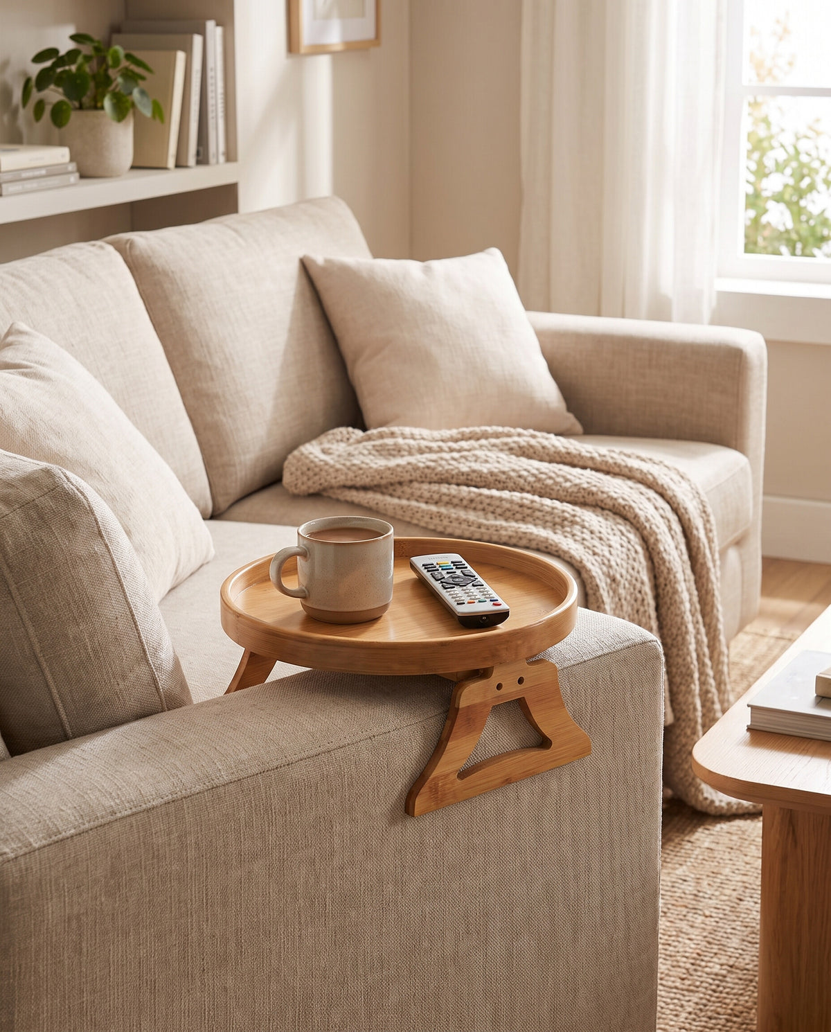Sofa arm tray clipped onto a linen sofa arm in a warm living room with a mug and remote