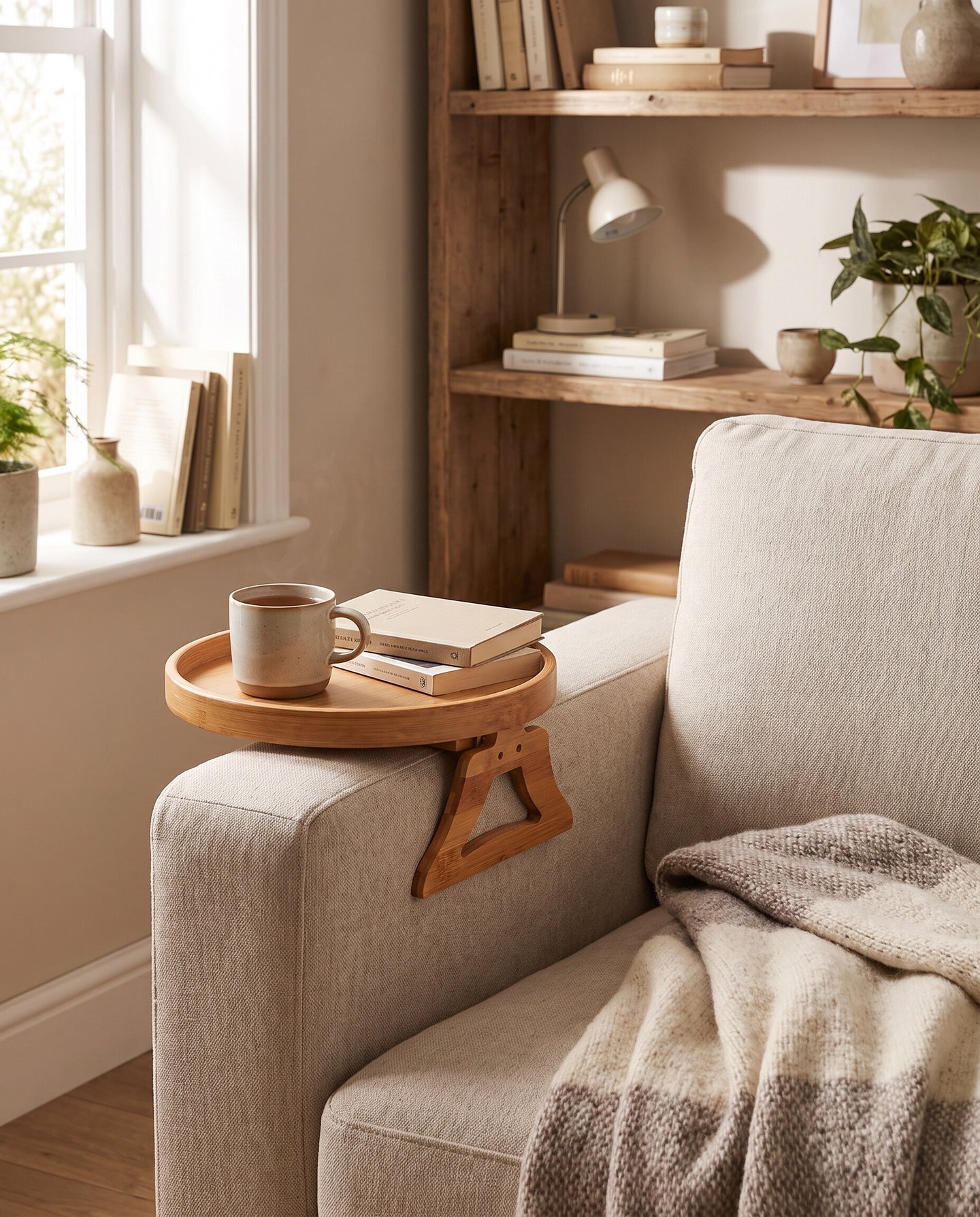 Sofa arm tray clipped onto a sofa arm in a cozy reading nook with a folded throw blanket