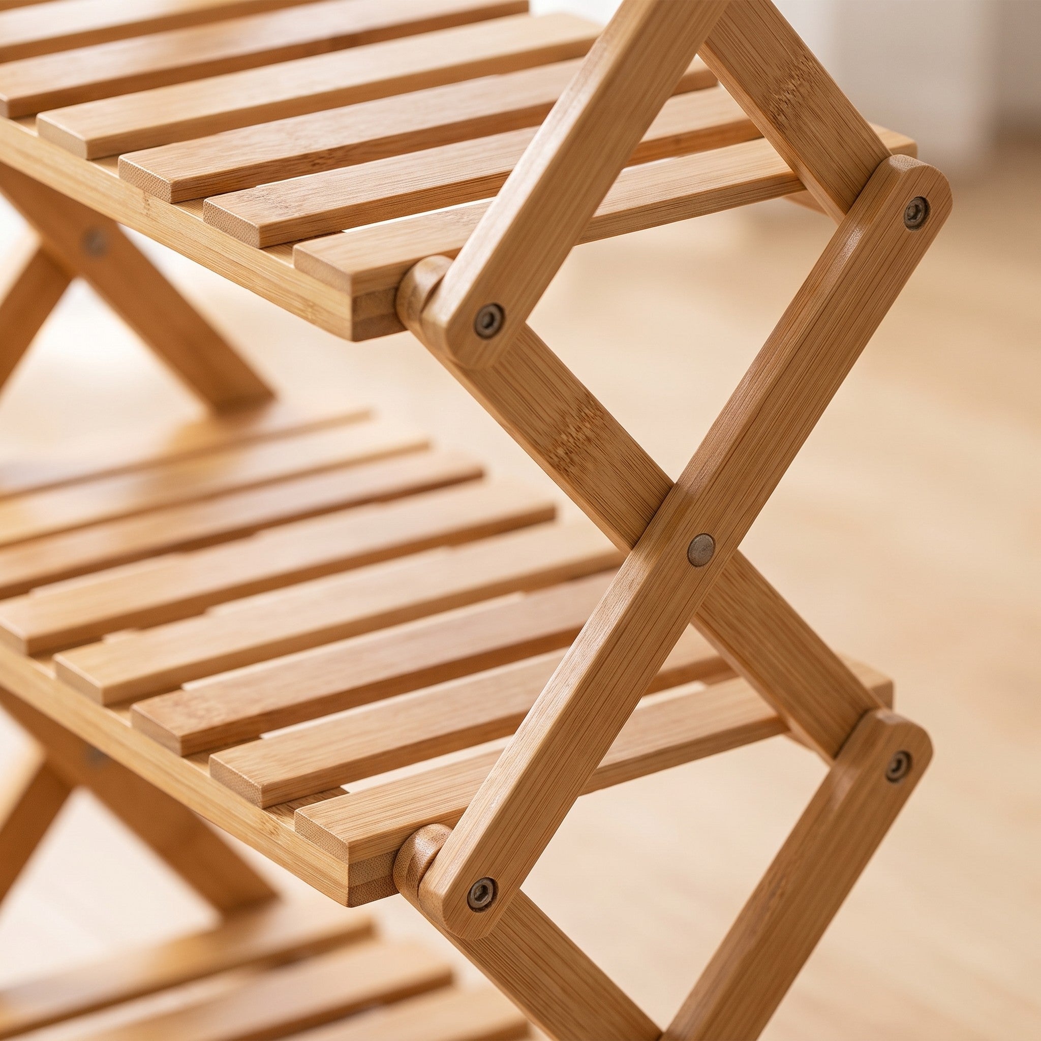 Close-up detail of bamboo folding shoe rack shelves