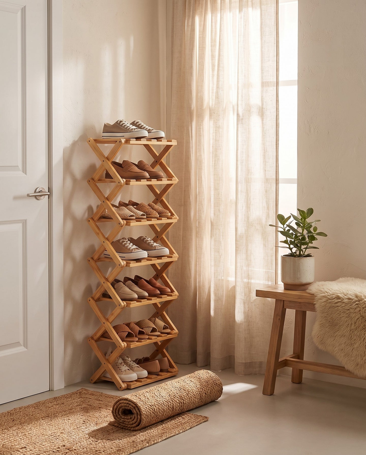 Bamboo folding shoe rack in a warm minimalist room setting