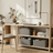 Modern home office with wooden desk, chair, and shelves.