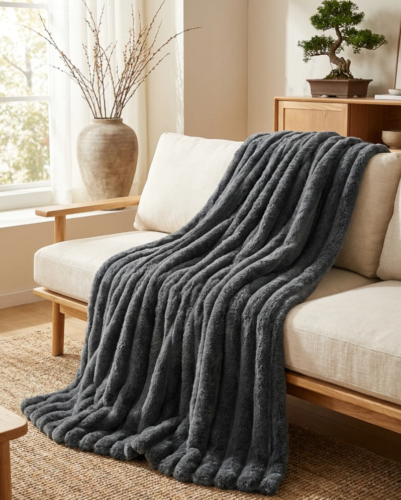 Ribbed Faux Fur Throw Blanket