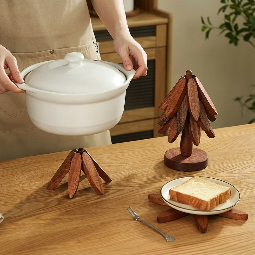 Person holding a white pot with wooden stands on a wooden table.