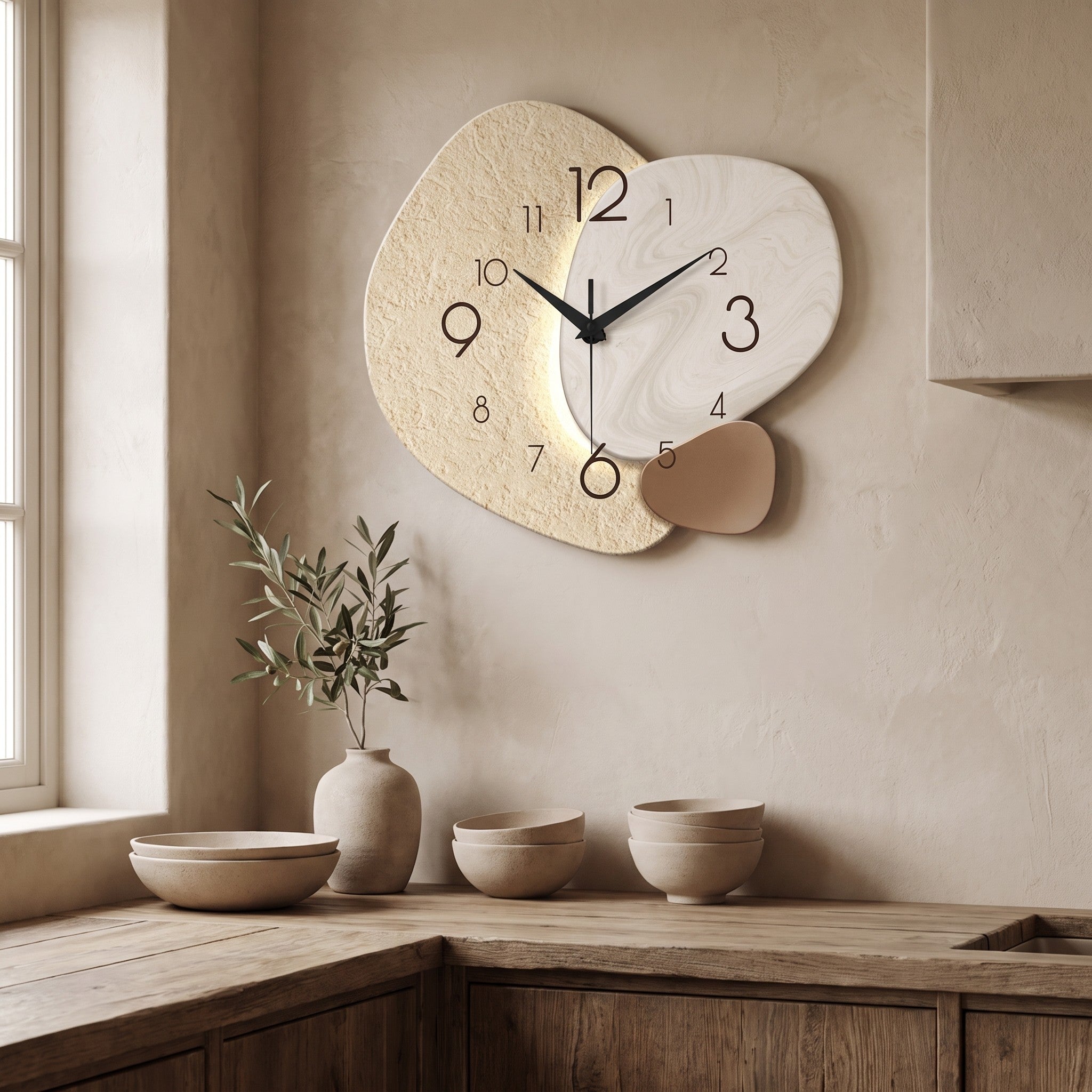 Three Pebble Silent Wall Clock hanging above a kitchen counter with ceramic pieces and an olive branch.