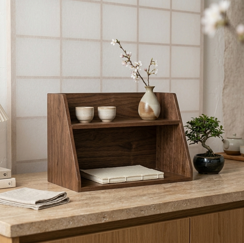 Wooden shelf with decorative items on a wooden surface, with a lamp and books in the background.