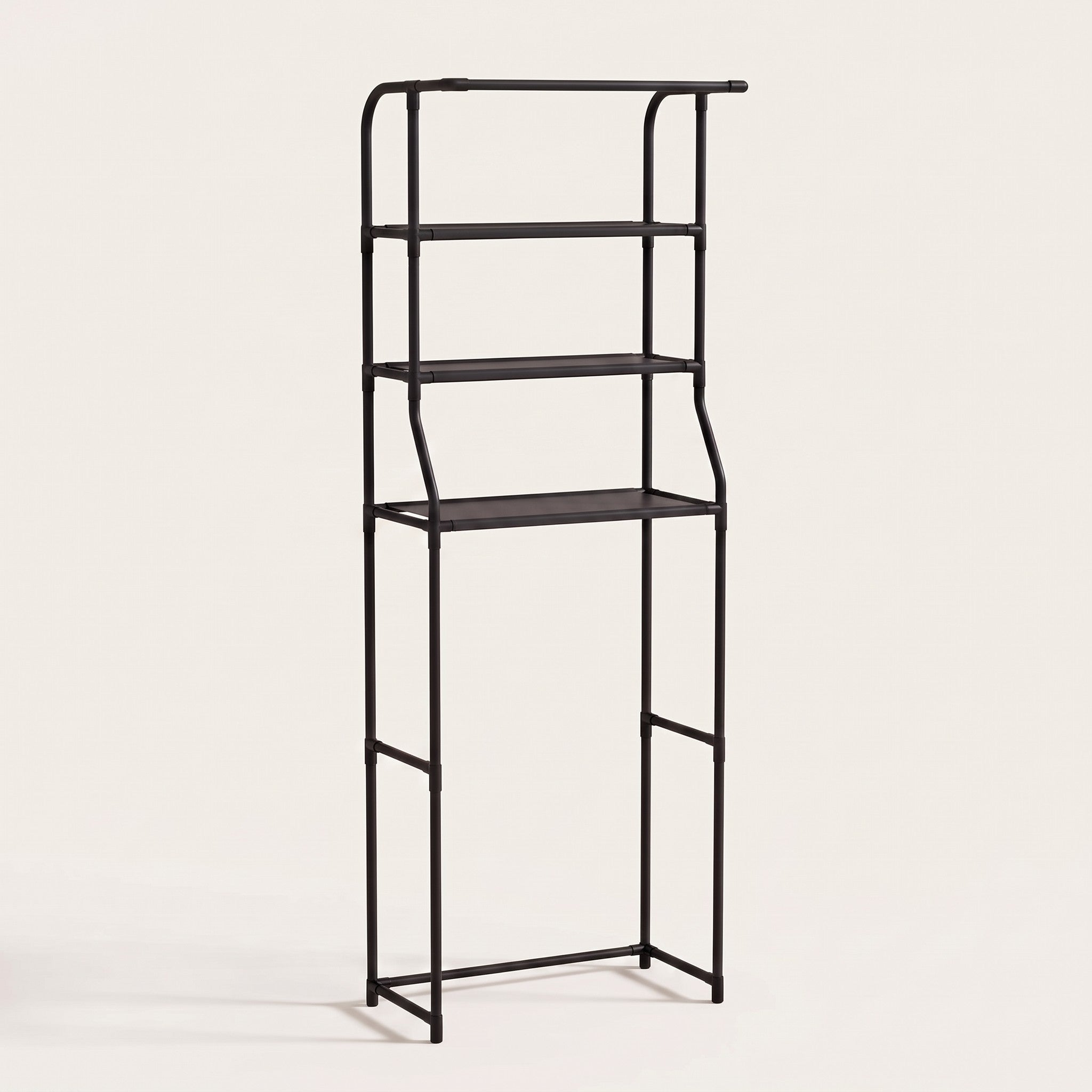 Iron over-toilet storage shelf in black, white studio packshot