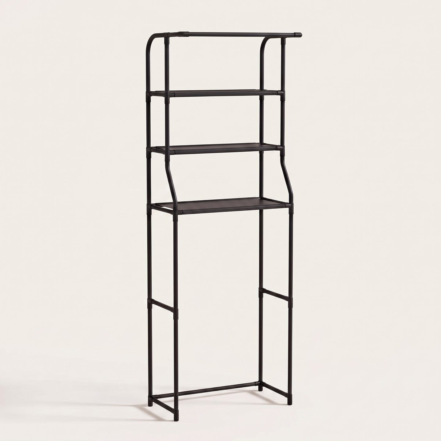 Iron over-toilet storage shelf in black, white studio packshot