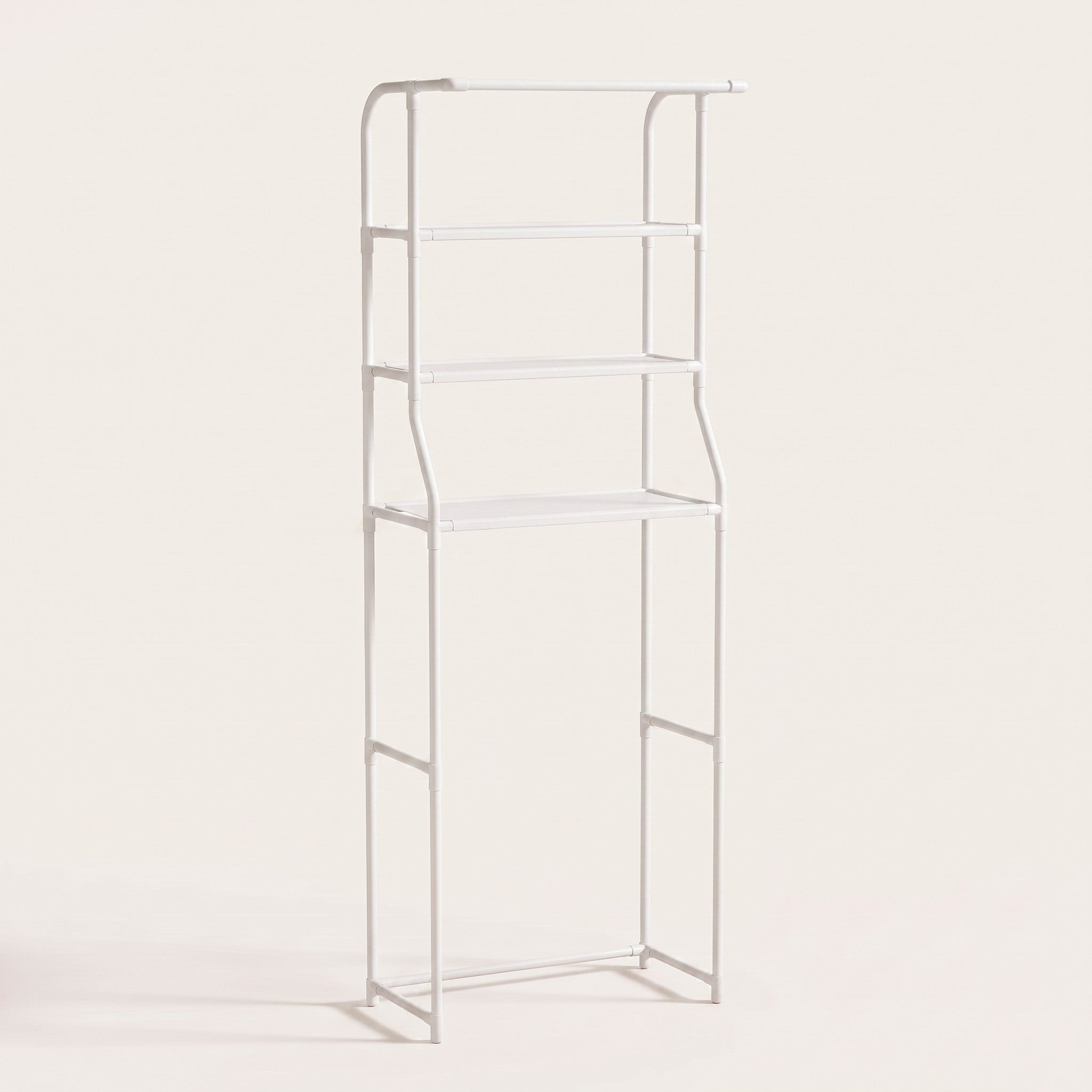 Iron over-toilet storage shelf in white, white studio packshot