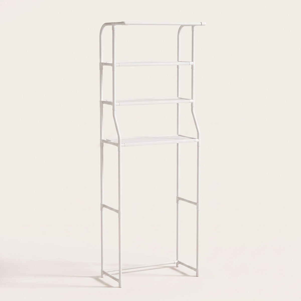 Iron over-toilet storage shelf in white, white studio packshot