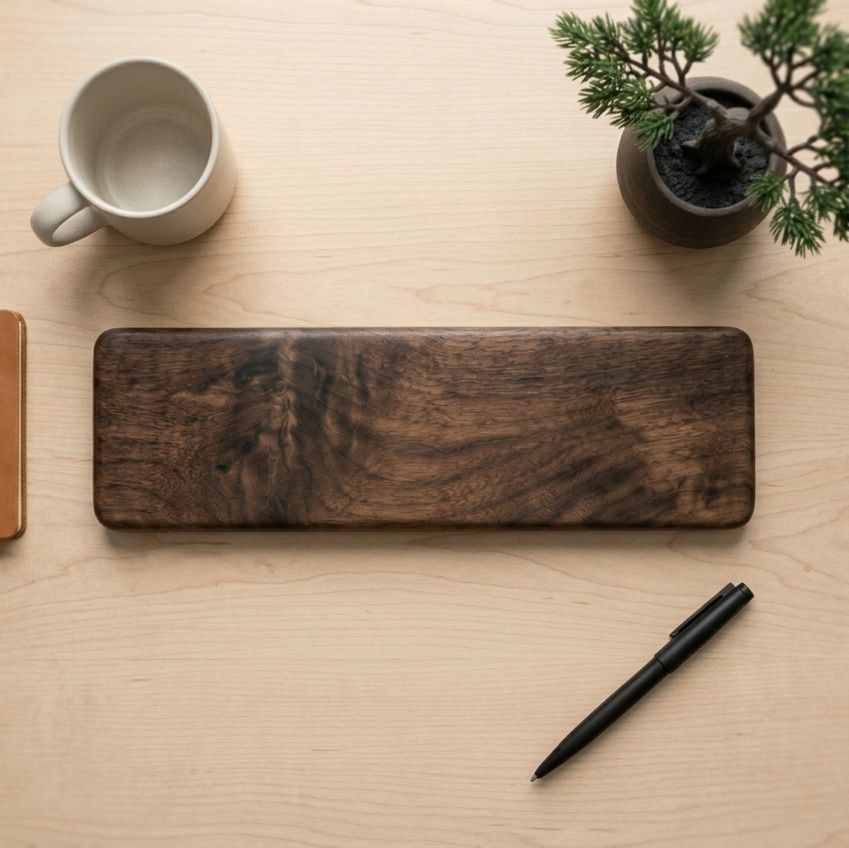 Wooden cutting board on a wooden surface with a mug, pen, and small plant.