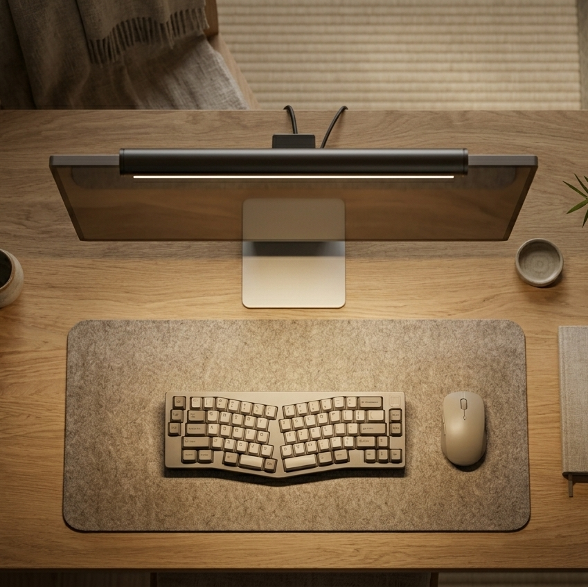 Wooden desk with computer setup including keyboard, mouse, and monitor on a neutral background