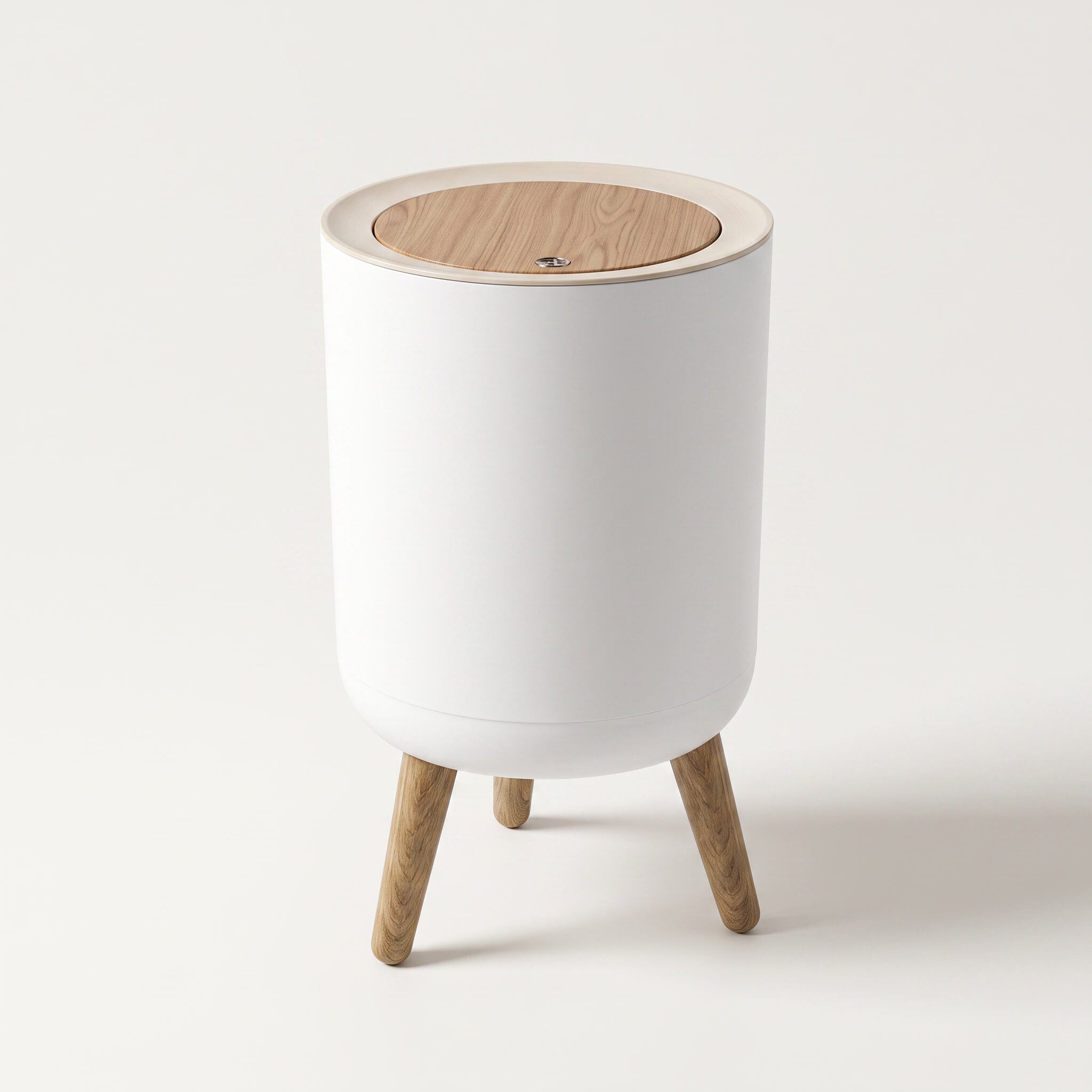 Round wood-grain trash can with a press-open lid on a plain off-white background