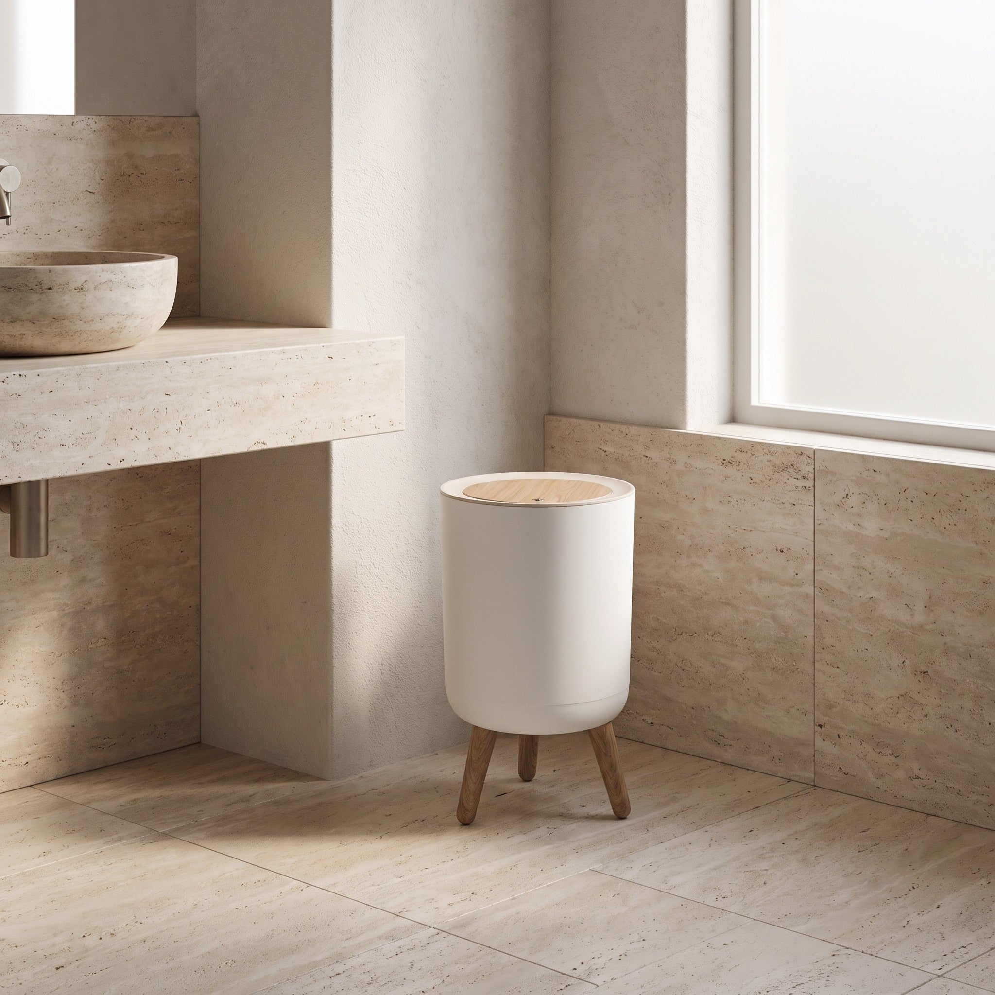 Round wood-grain trash can in a bathroom corner beside a travertine counter