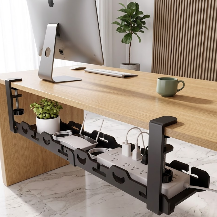 Desk with a built-in cable management system, computer monitor, mug, and plant.