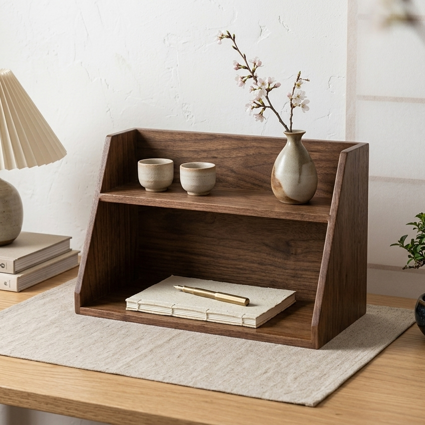 Wooden shelf with decorative items on a wooden desk