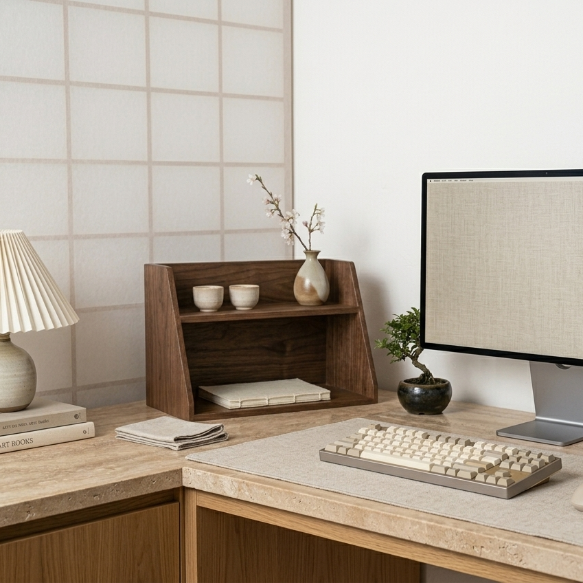 Modern office desk with computer setup, decor items, and a lamp.