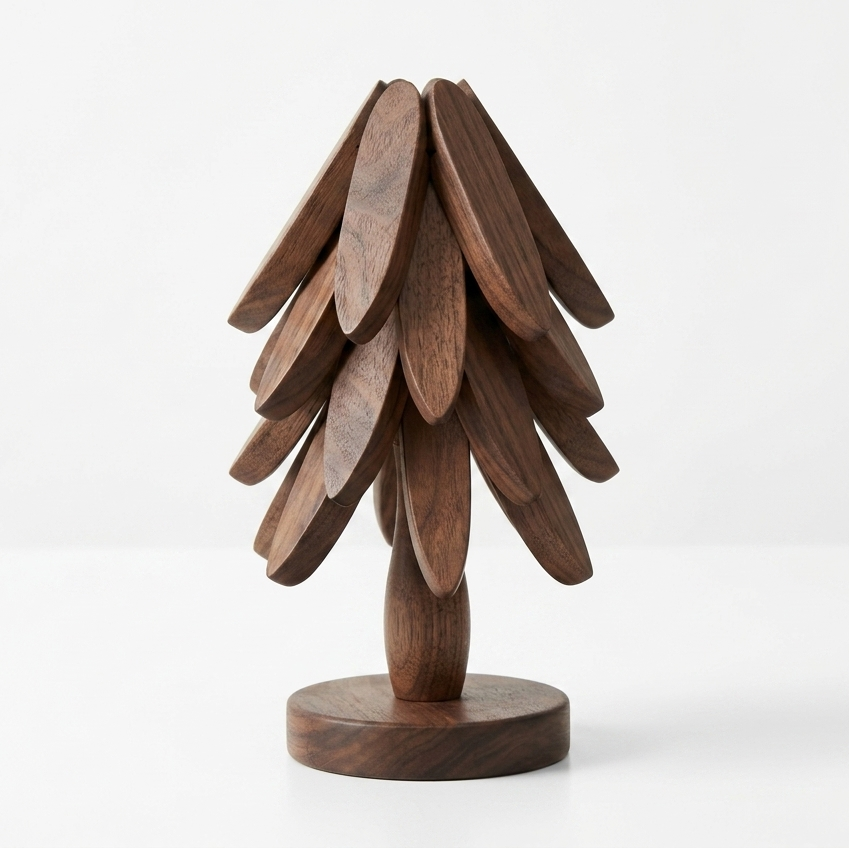 Stackable tree-shaped wood coaster set, walnut, white background