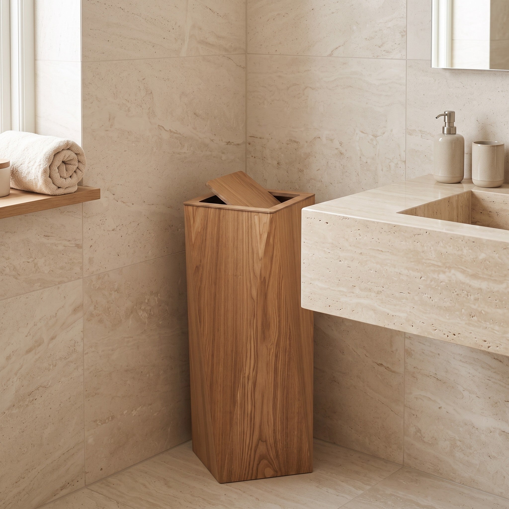 Tapered waste bin standing in a tiled bathroom corner