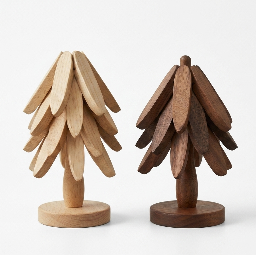 Two wooden tree sculptures on a white background