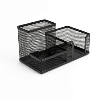 Black metal desk organizer on a white background