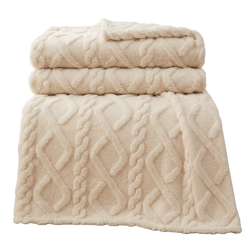 Stack of beige textured towels on a white background