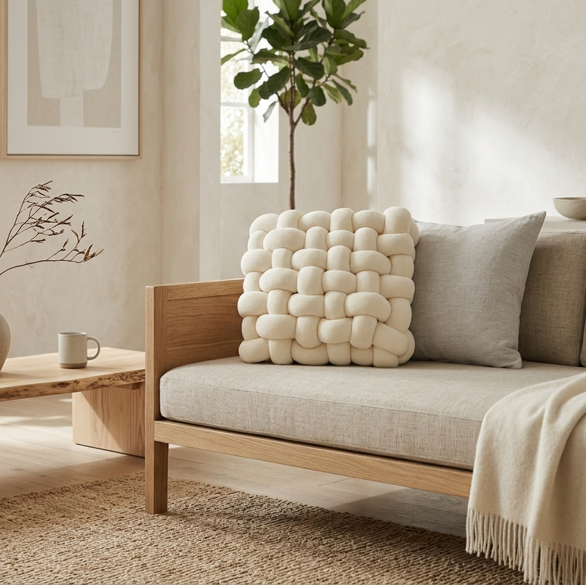 Cream chunky knit pillow on a sofa
