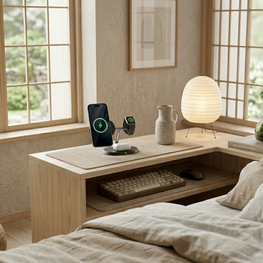 Modern bedroom with a desk, lamp, and smartphone displaying a green circle.