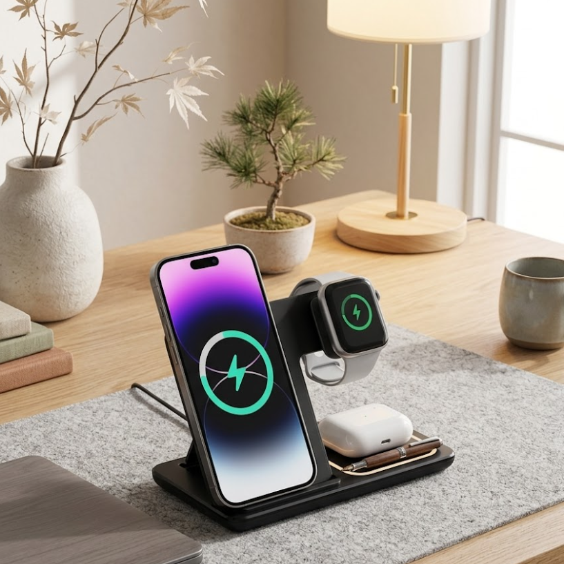Wireless charging stand with smartphone, smartwatch, and headphones on a desk.