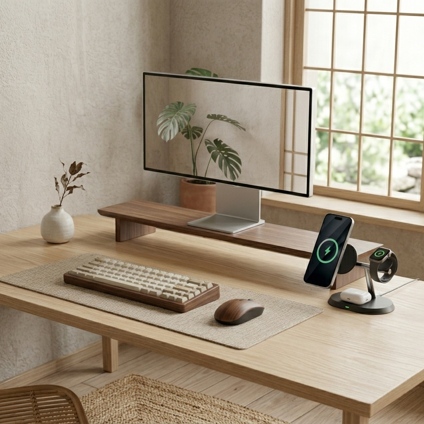 Modern home office desk with computer setup, plants, and decor.