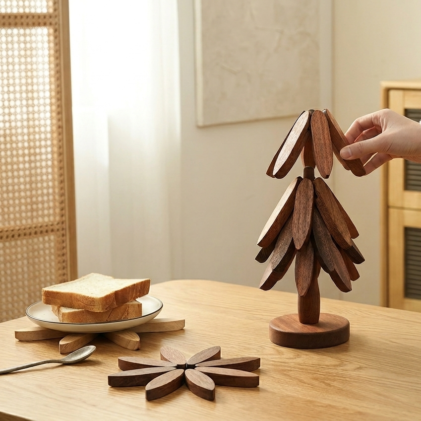 Wooden decorative items on a table with a hand reaching out