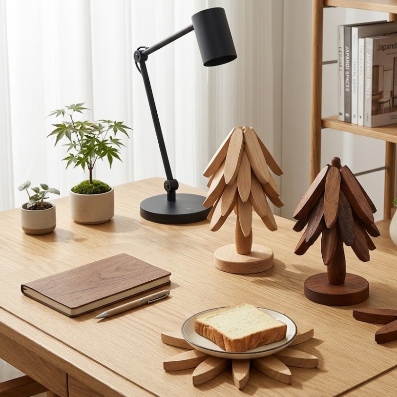 Wooden desk accessories including a lamp, trees, and a notebook on a wooden table.