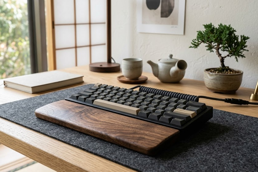 Wooden desk with a keyboard, teacup, and bonsai tree in a home office setting.