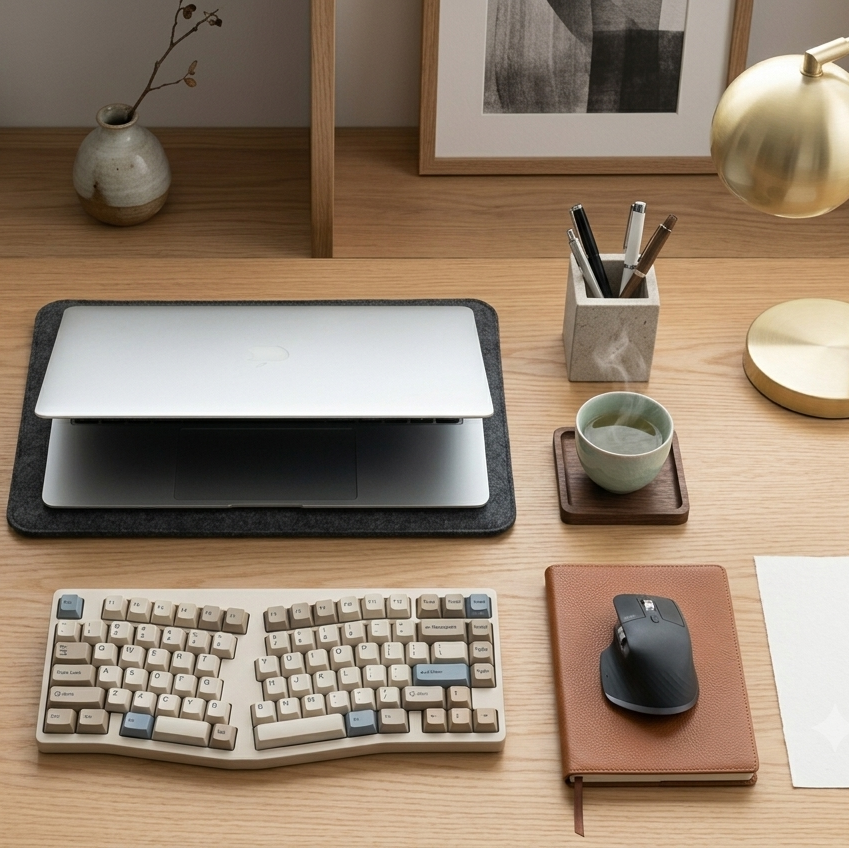 Organized desk with a keyboard, mouse, and various office items on a wooden surface.