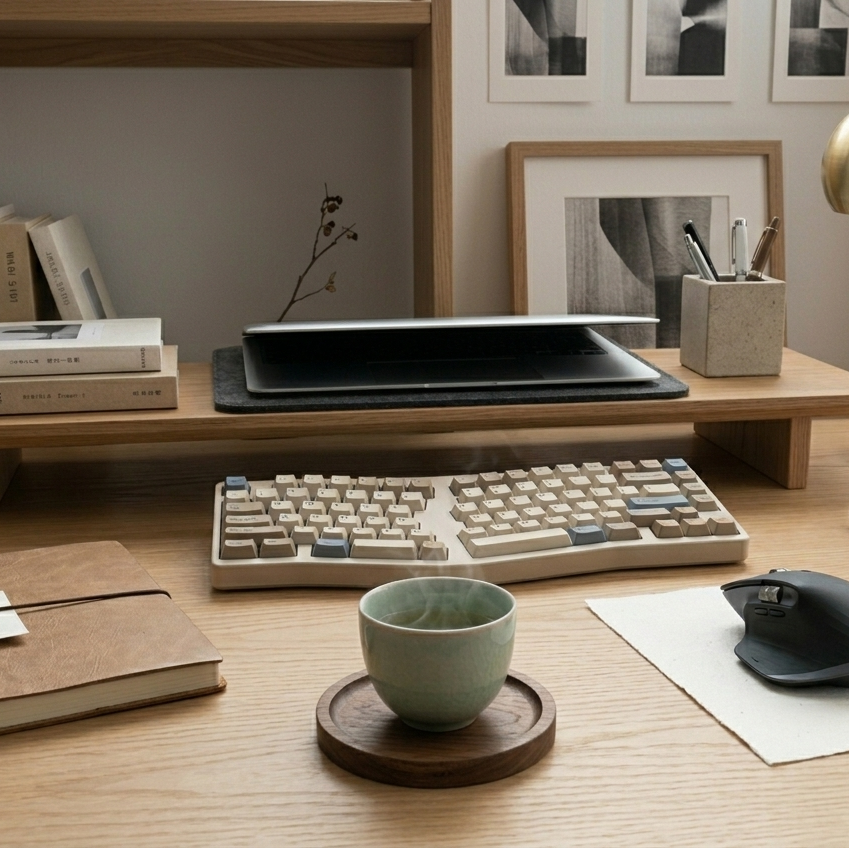Wooden desk setup with keyboard, mouse, mug, and books in a home office.