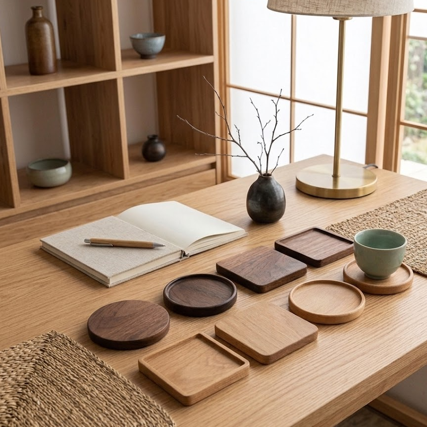 Wooden coasters and trays on a wooden table with a book and lamp in a room with large windows.