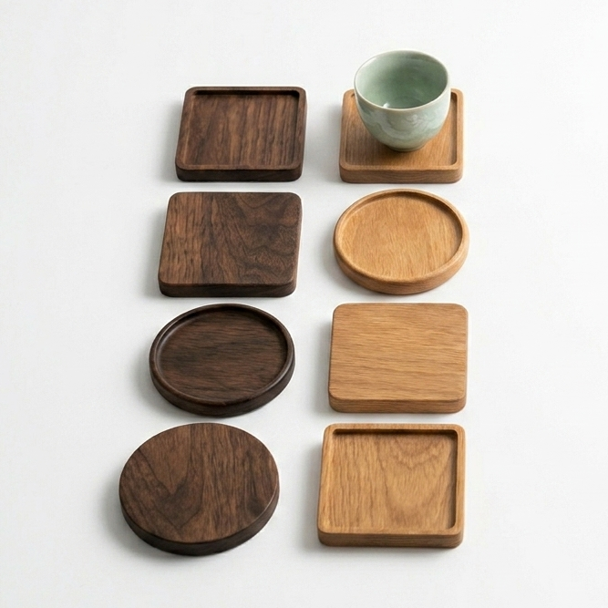 Set of wooden coasters on a white background