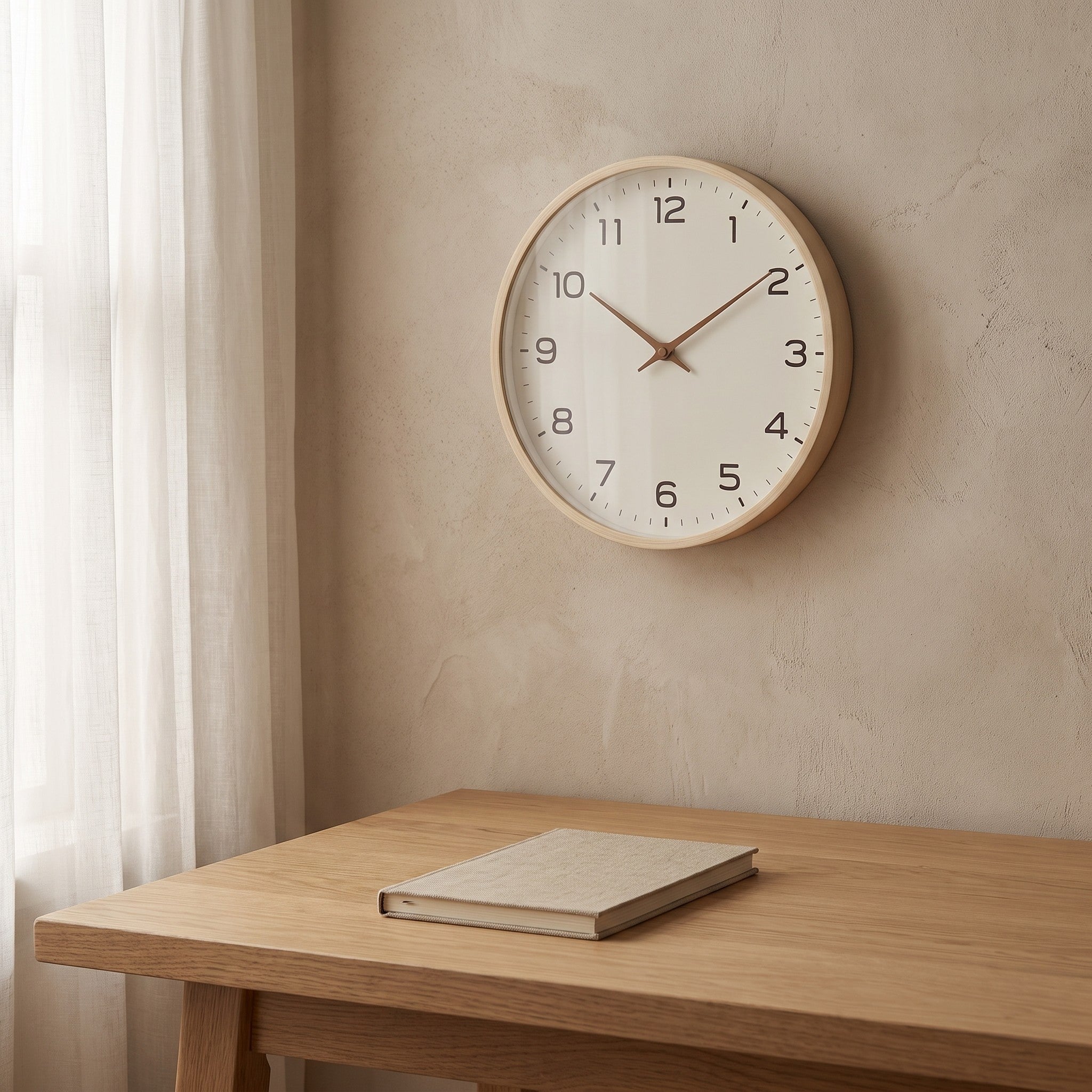 Cream Wood Frame Silent Wall Clock hanging on a plaster wall above a white oak desk in daylight.